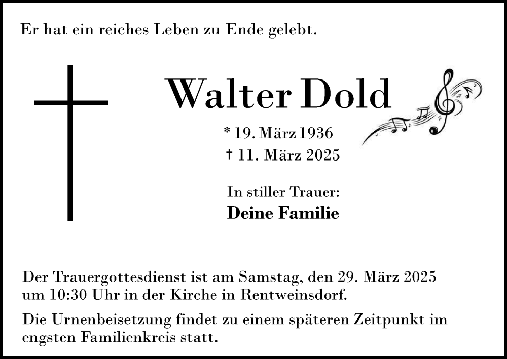  Traueranzeige für Walter Dold vom 15.03.2025 aus MGO