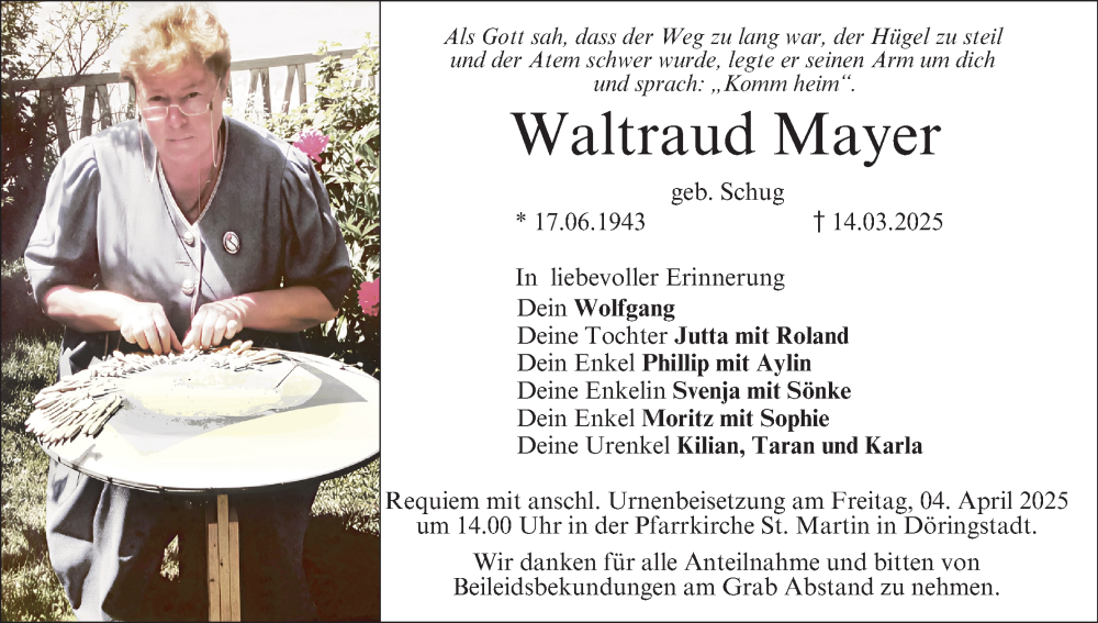  Traueranzeige für Waltraud Mayer vom 29.03.2025 aus MGO
