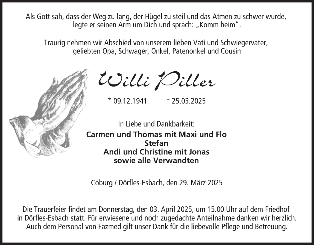  Traueranzeige für Willi Piller vom 29.03.2025 aus MGO