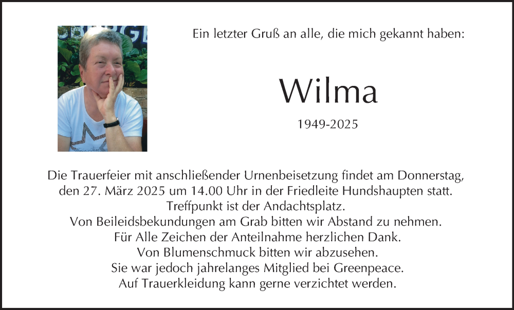  Traueranzeige für Wilma  vom 22.03.2025 aus MGO