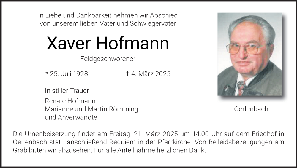  Traueranzeige für Xaver Hofmann vom 15.03.2025 aus MGO