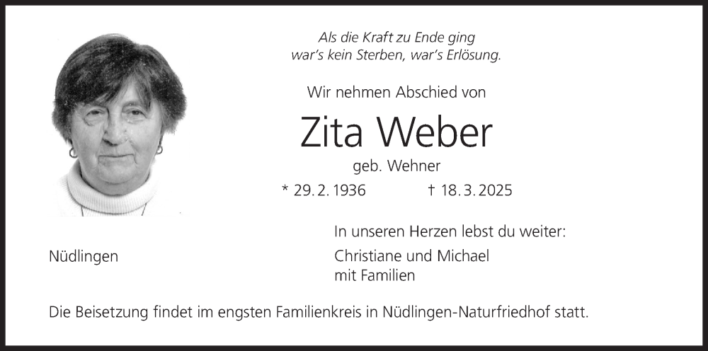  Traueranzeige für Zita Weber vom 29.03.2025 aus MGO