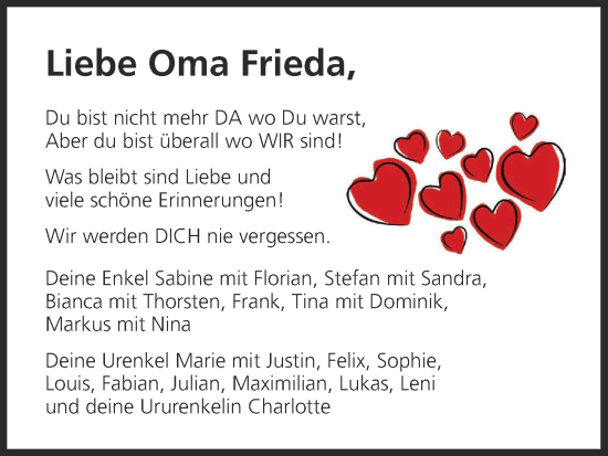 Anzeige von Frieda Hoffmann von MGO