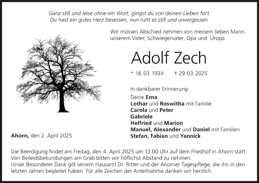  Traueranzeige für Adolf Zech vom 02.04.2025 aus MGO
