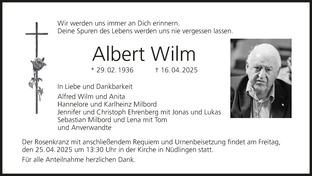  Traueranzeige für Albert Wilm vom 24.04.2025 aus MGO