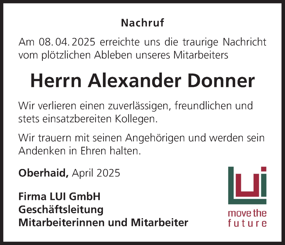  Traueranzeige für Alexander Donner vom 12.04.2025 aus MGO