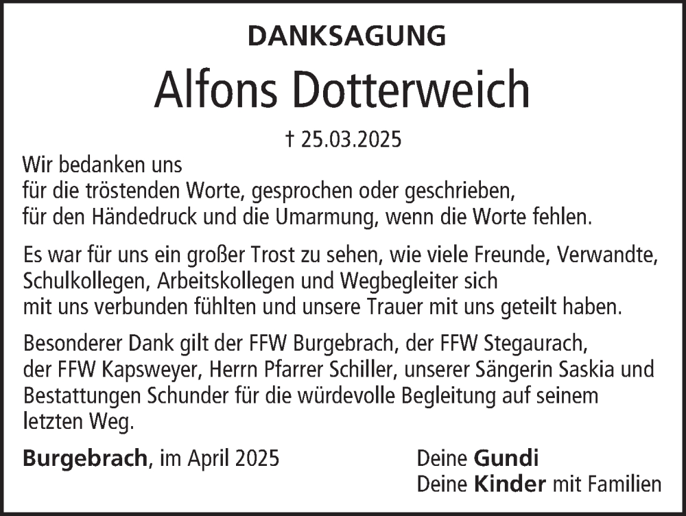  Traueranzeige für Alfons Dotterweich vom 19.04.2025 aus MGO