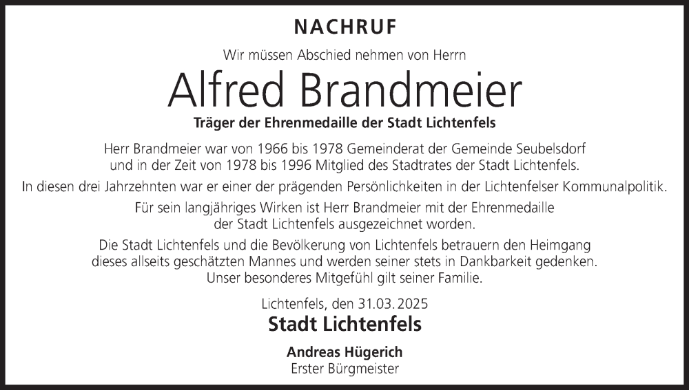  Traueranzeige für Alfred Brandmeier vom 02.04.2025 aus MGO