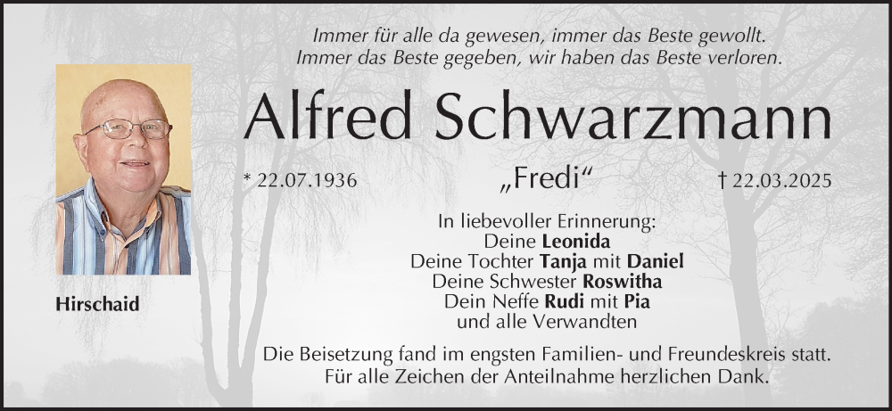 Traueranzeige für Alfred Schwarzmann vom 12.04.2025 aus MGO