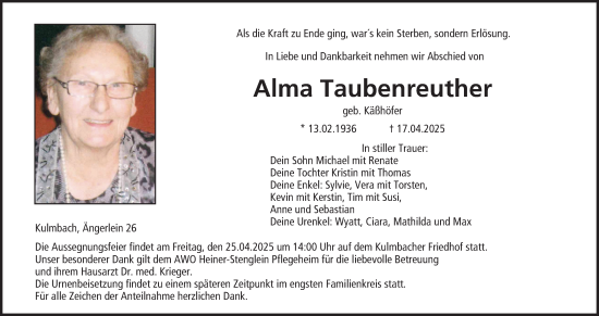 Anzeige von Alma Taubenreuther von MGO