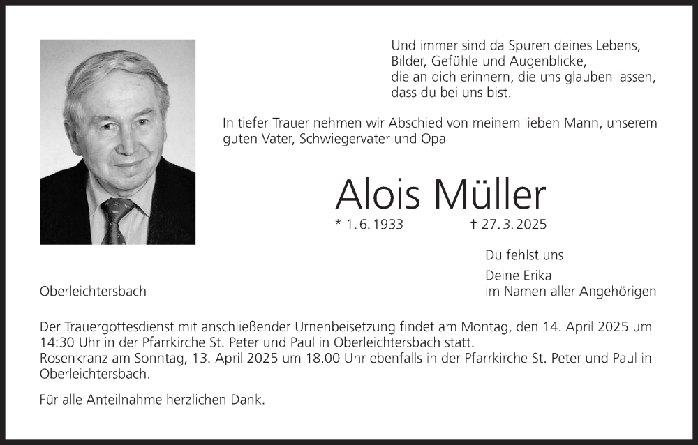 Traueranzeige für Alois Müller vom 05.04.2025 aus MGO