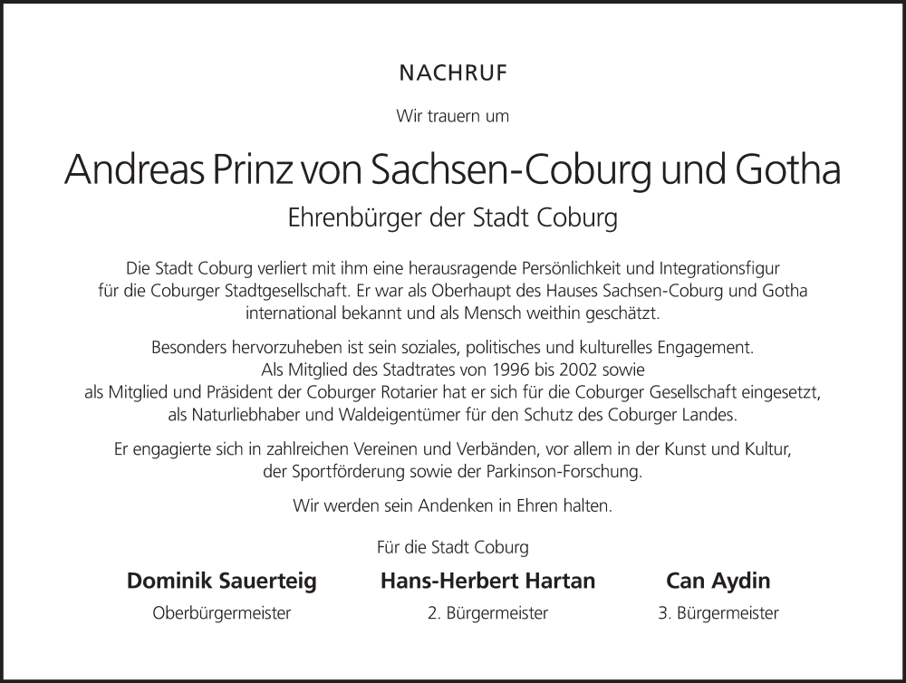  Traueranzeige für Andreas Prinz von Sachsen-Coburg und Gotha vom 09.04.2025 aus MGO