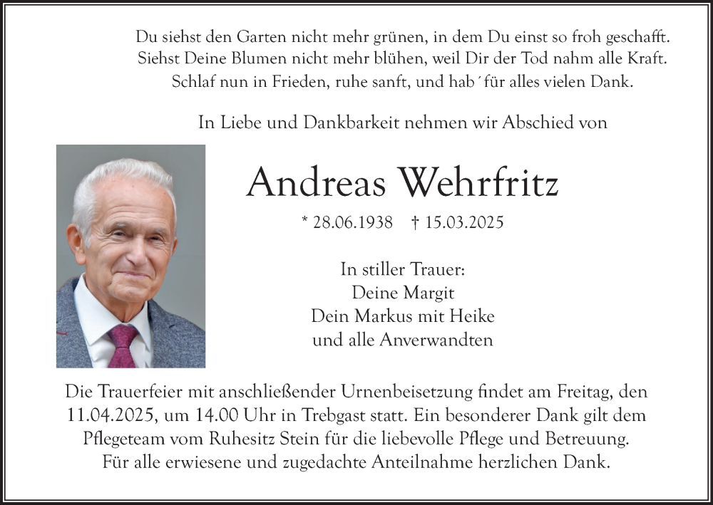  Traueranzeige für Andreas Wehrfritz vom 08.04.2025 aus MGO