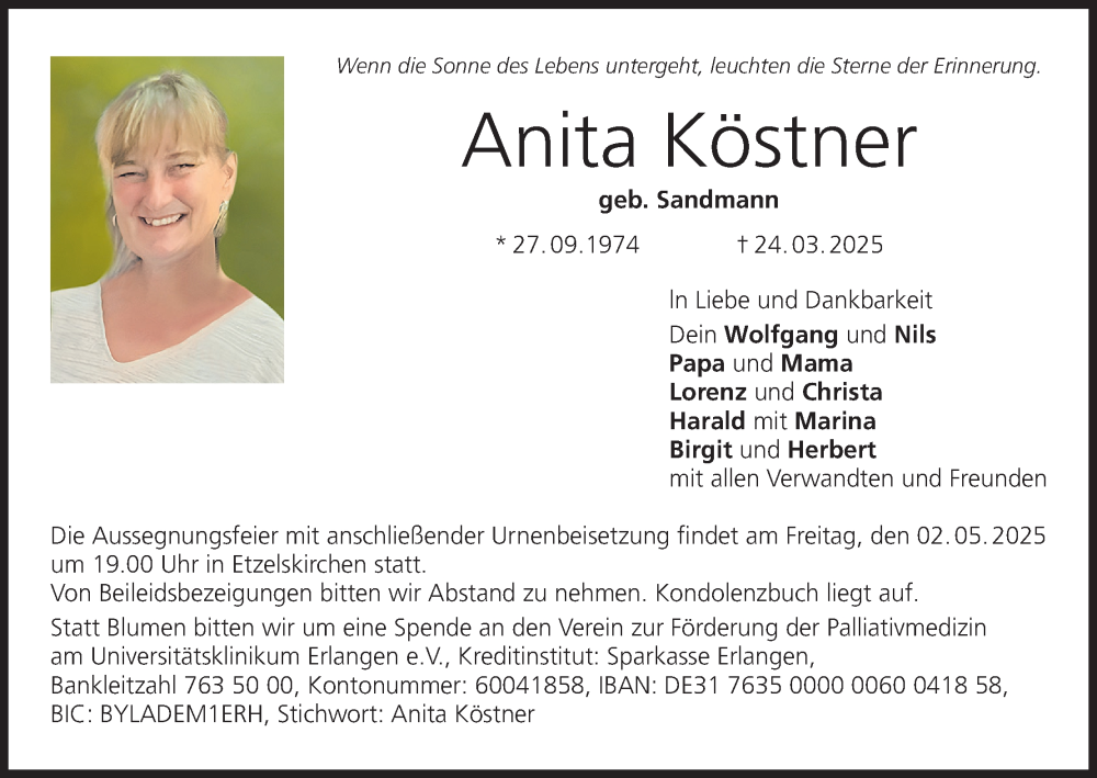  Traueranzeige für Anita Köstner vom 29.04.2025 aus MGO