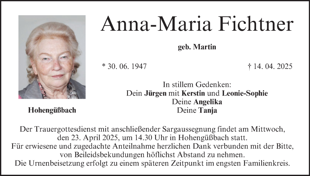  Traueranzeige für Anna-Maria Fichtner vom 19.04.2025 aus MGO