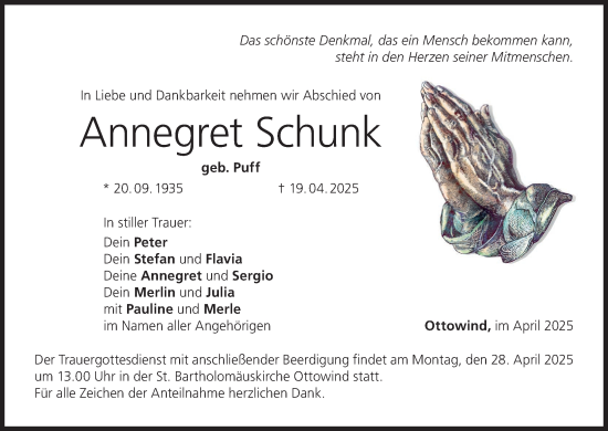 Anzeige von Annegret Schunk von MGO