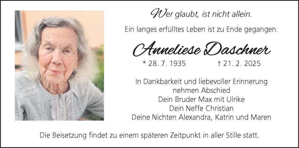  Traueranzeige für Anneliese Daschner vom 26.04.2025 aus MGO