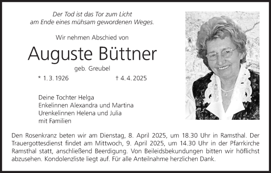 Anzeige von Auguste BÃ¼ttner von MGO