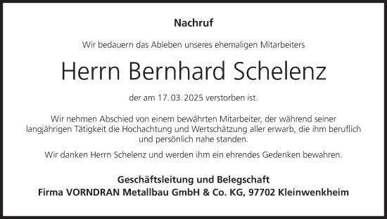 Anzeige von Bernhard Schelenz von MGO
