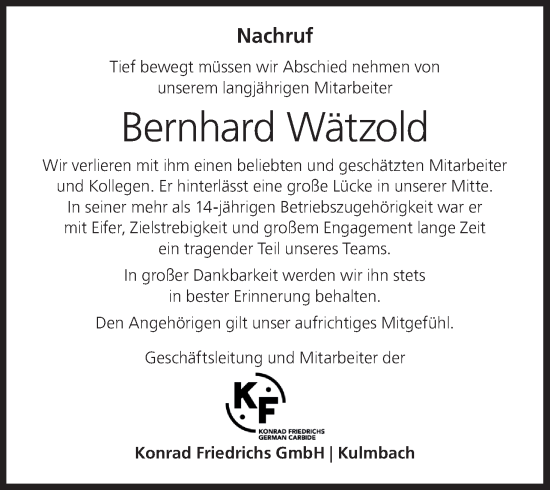 Anzeige von Bernhard Wätzold von MGO