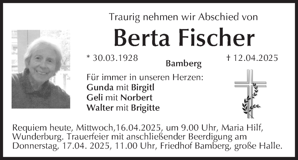  Traueranzeige für Berta Fischer vom 16.04.2025 aus MGO
