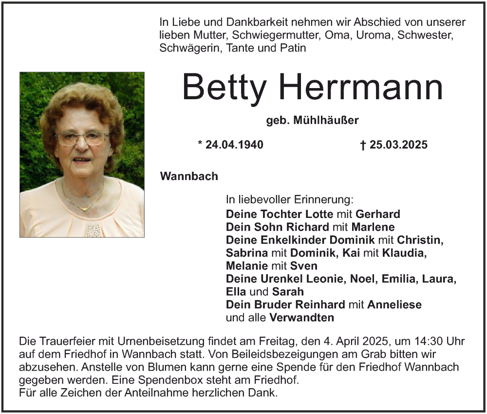  Traueranzeige für Betty Herrmann vom 02.04.2025 aus MGO