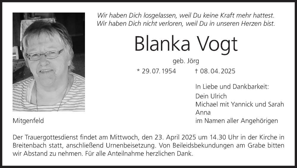  Traueranzeige für Blanka Vogt vom 19.04.2025 aus MGO