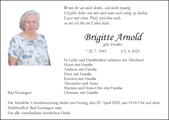 Anzeige von Brigitte Arnold von MGO
