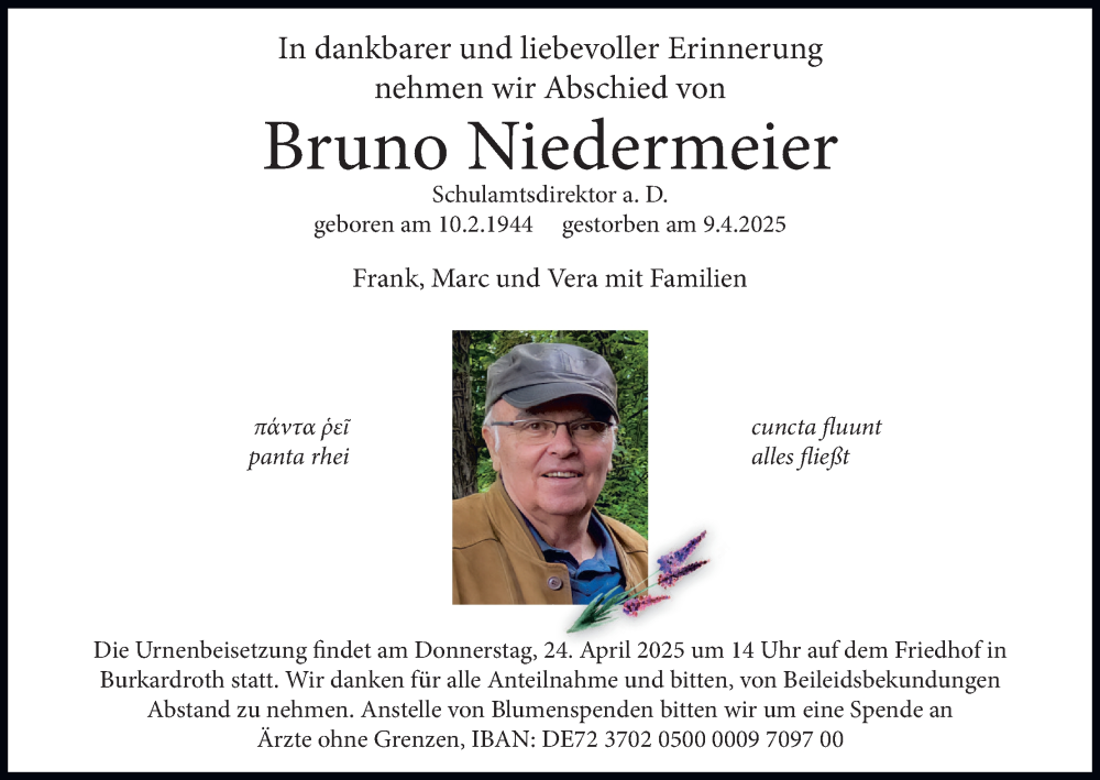  Traueranzeige für Bruno Niedermeier vom 19.04.2025 aus MGO