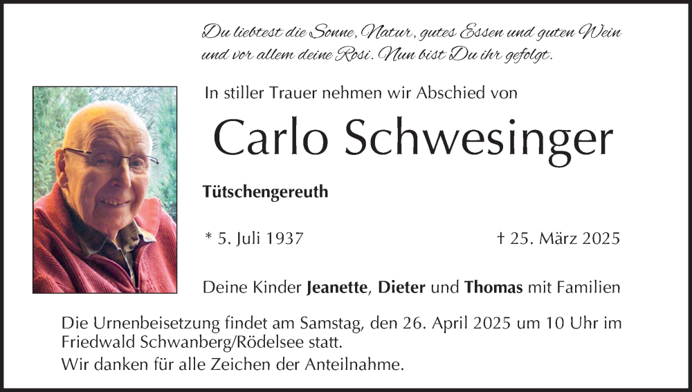  Traueranzeige für Carlo Schwesinger vom 05.04.2025 aus MGO