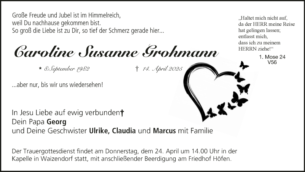  Traueranzeige für Caroline Susanne Grohmann vom 19.04.2025 aus MGO