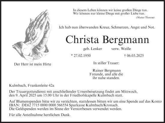 Anzeige von Christa Bergmann von MGO