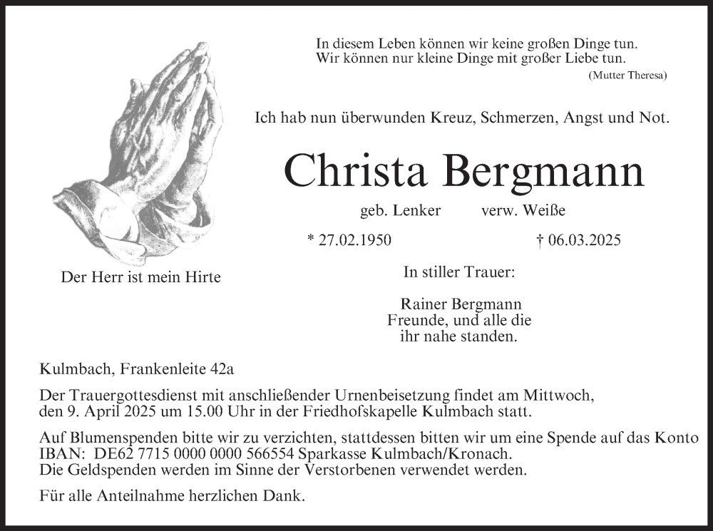  Traueranzeige für Christa Bergmann vom 05.04.2025 aus MGO