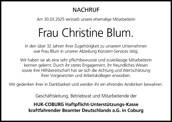 Anzeige von Christine Blum von MGO