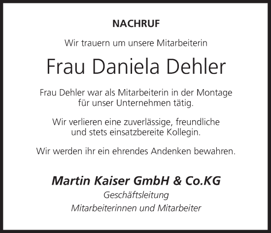 Anzeige von Daniela Dehler von MGO