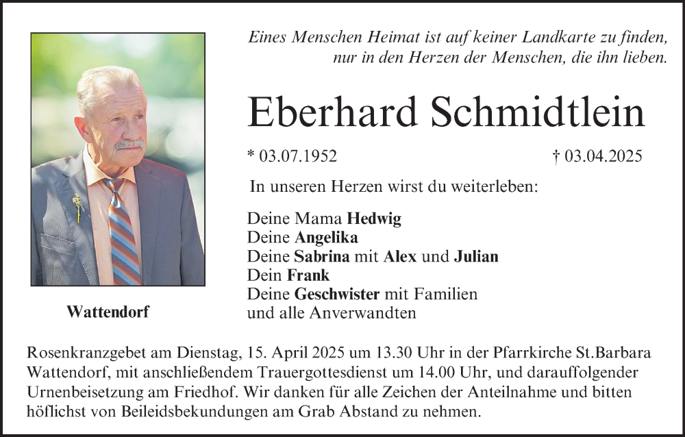  Traueranzeige für Eberhard Schmidtlein vom 12.04.2025 aus MGO