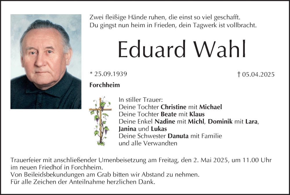  Traueranzeige für Eduard Wahl vom 26.04.2025 aus MGO