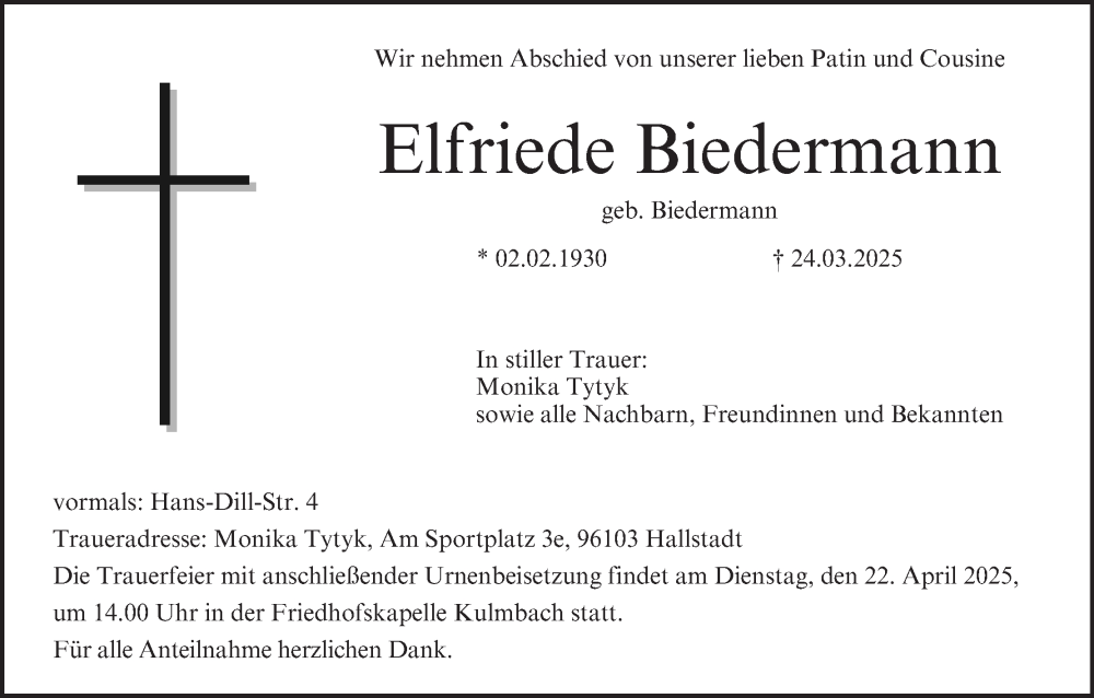  Traueranzeige für Elfriede Biedermann vom 19.04.2025 aus MGO
