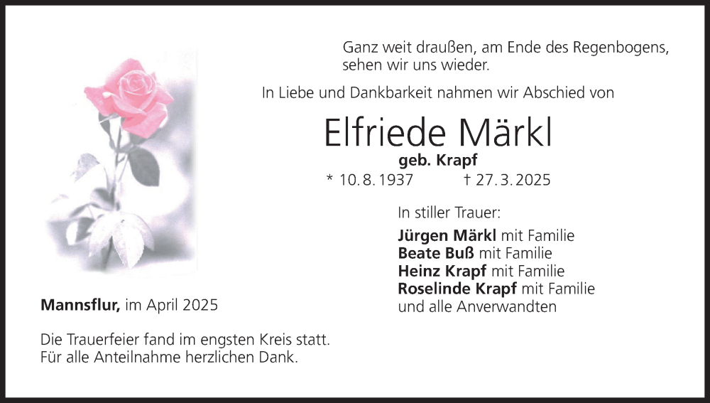  Traueranzeige für Elfriede Märkl vom 19.04.2025 aus MGO