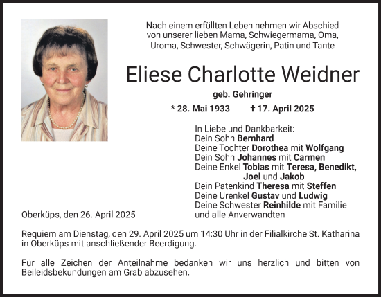 Anzeige von Eliese Charlotte Weidner von MGO