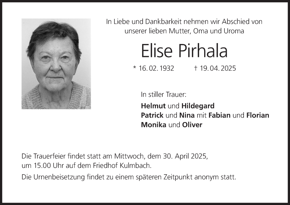  Traueranzeige für Elise Pirhala vom 26.04.2025 aus MGO