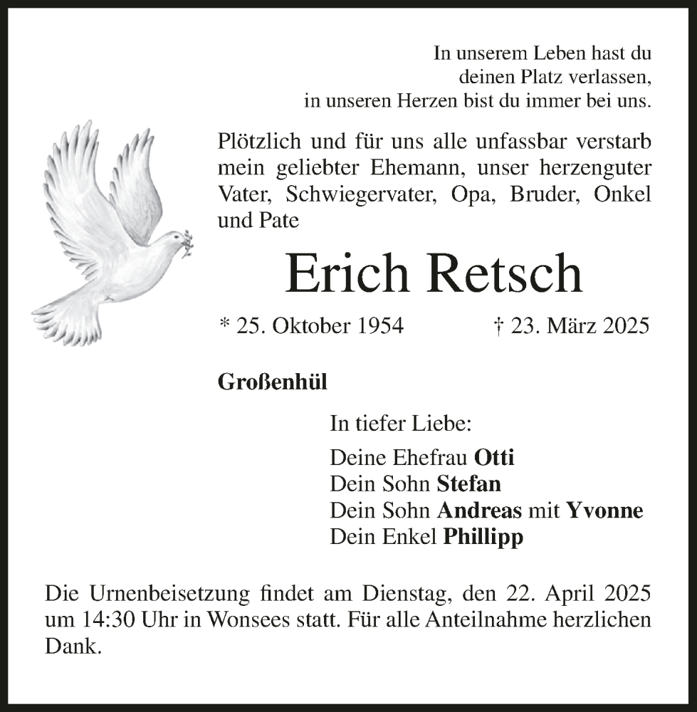  Traueranzeige für Erich Retsch vom 19.04.2025 aus MGO
