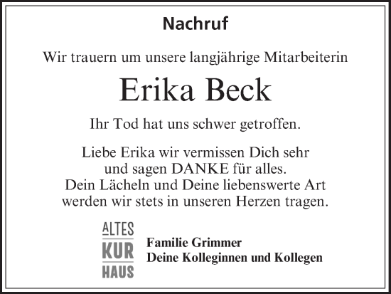 Anzeige von Erika Beck von MGO