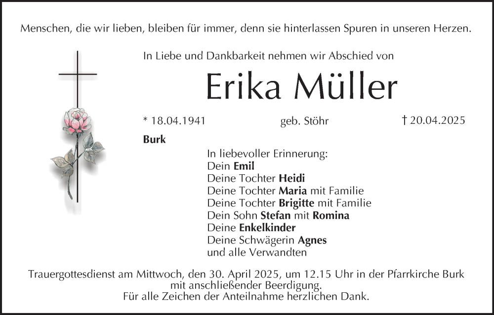  Traueranzeige für Erika Müller vom 26.04.2025 aus MGO