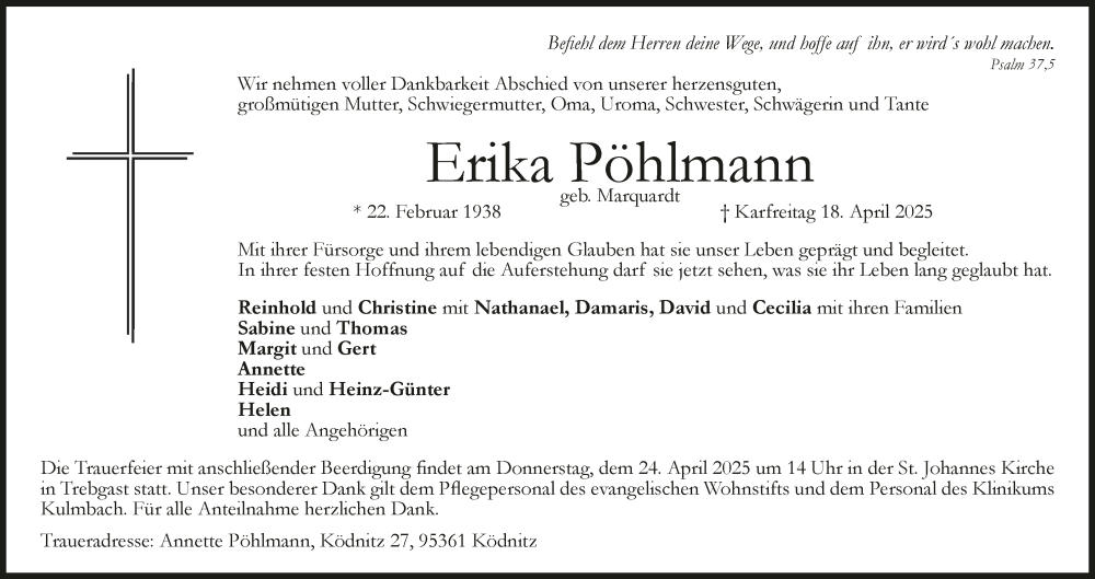  Traueranzeige für Erika Pöhlmann vom 23.04.2025 aus MGO