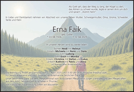 Anzeige von Erna Faik von MGO