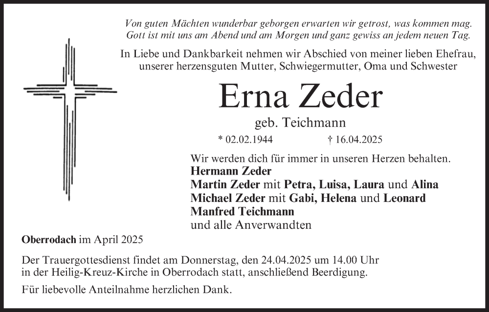  Traueranzeige für Erna Zeder vom 19.04.2025 aus MGO