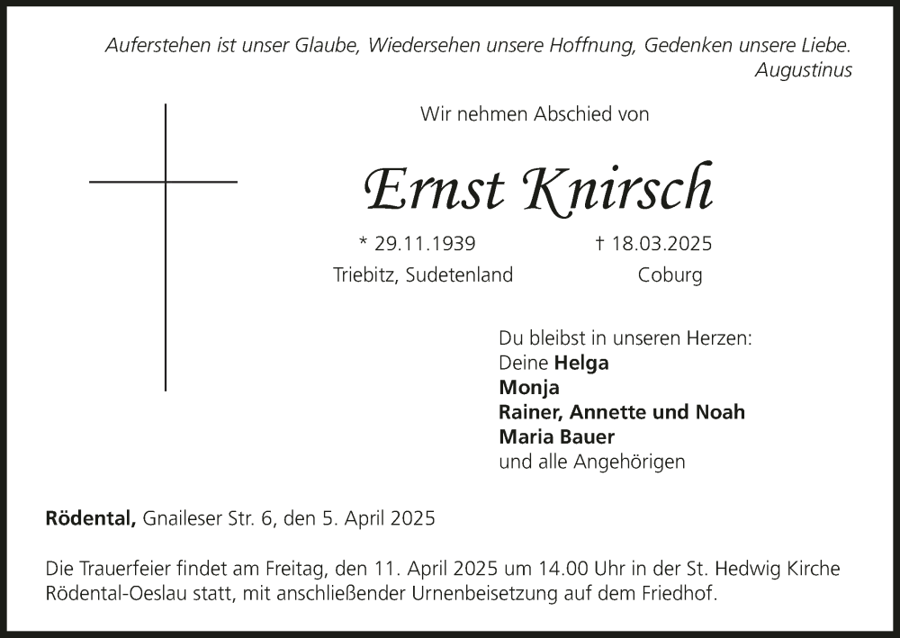  Traueranzeige für Ernst Knirsch vom 05.04.2025 aus MGO