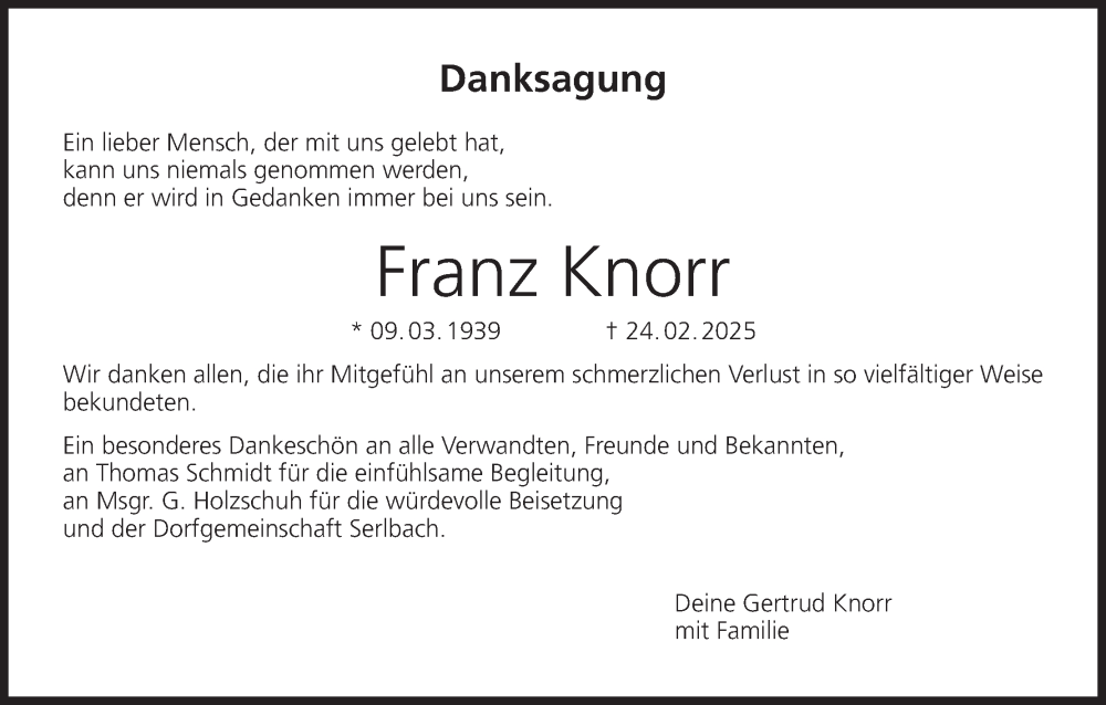  Traueranzeige für Franz Knorr vom 19.04.2025 aus MGO
