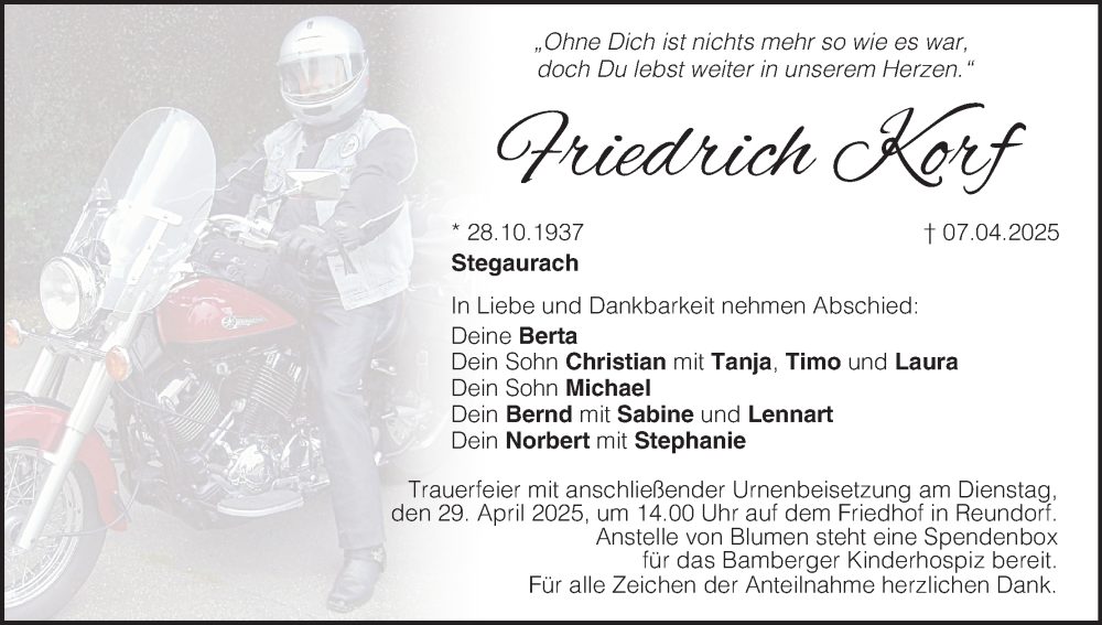  Traueranzeige für Friedrich Korf vom 26.04.2025 aus MGO